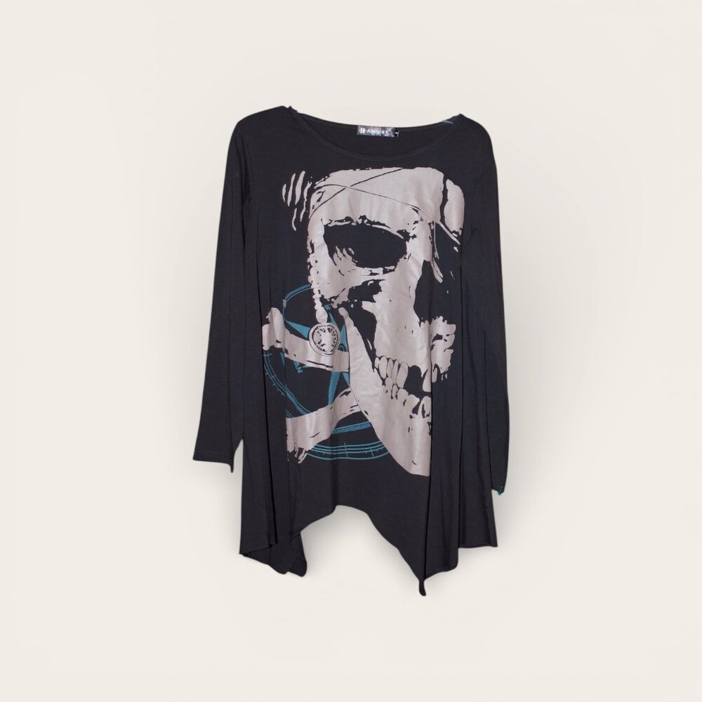 Allegra K Black Tunic Top Skull Design Asymmetric Hem S - Picture 3 of 3